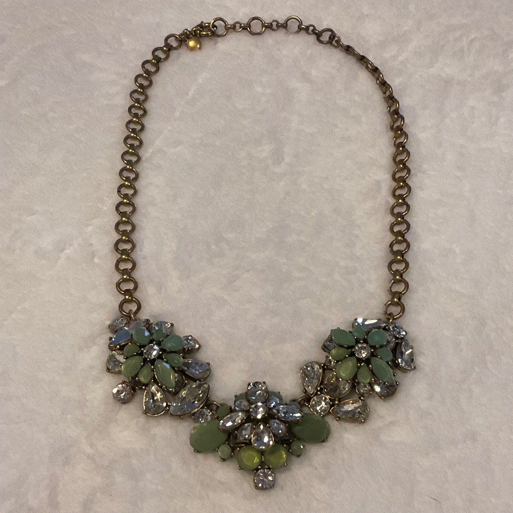 J.Crew Crystal Wildflowers statement necklace green clear crystals gold-tone